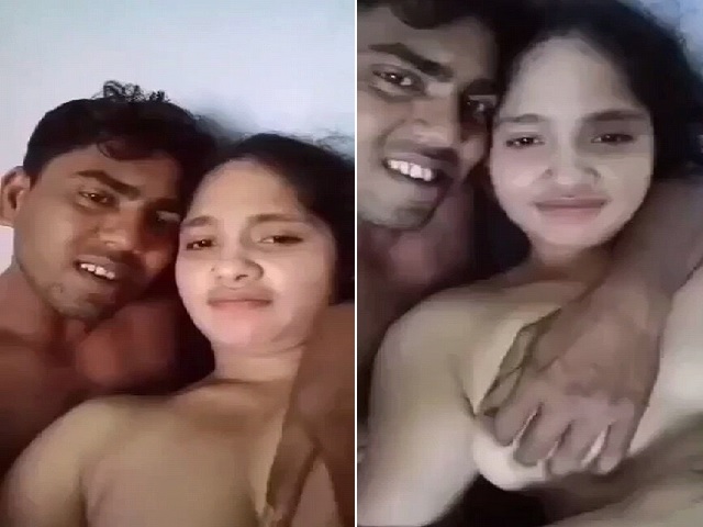 Indian newly married wife boob press romance