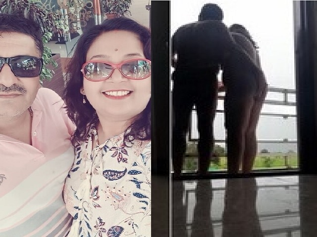 Indian wife in balcony in nude gives handjob to husband
