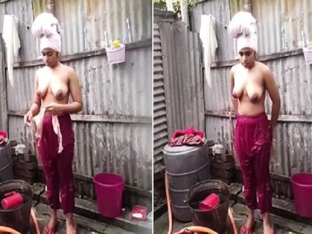 Cute sister caught bathing naked outdoor by brother