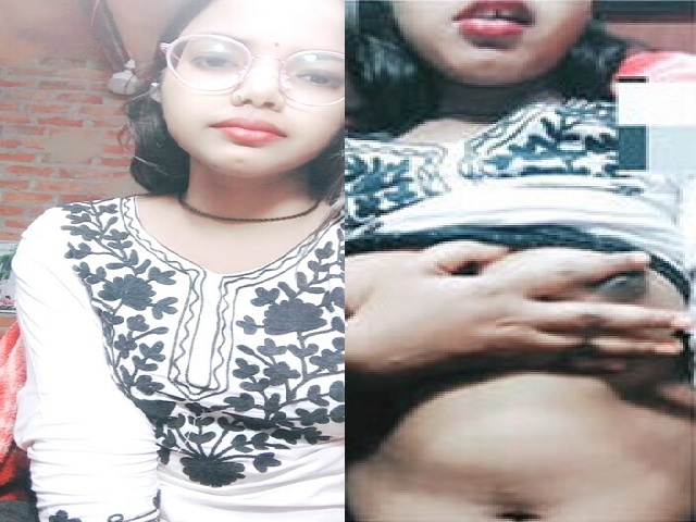 Desi girl in glasses plays with her soft boobs