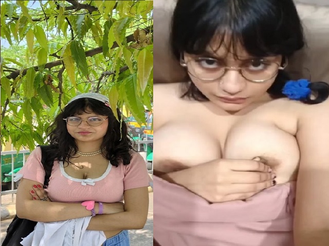 Nerdy Indian girl showing white tits selfie viral video