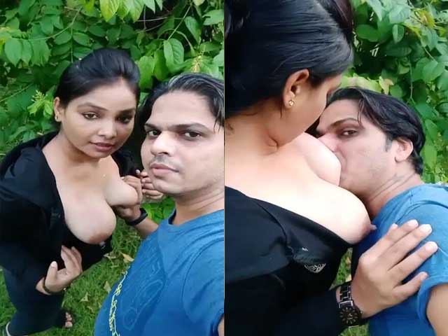 Sucking boobs of gf outdoors on selfie cam