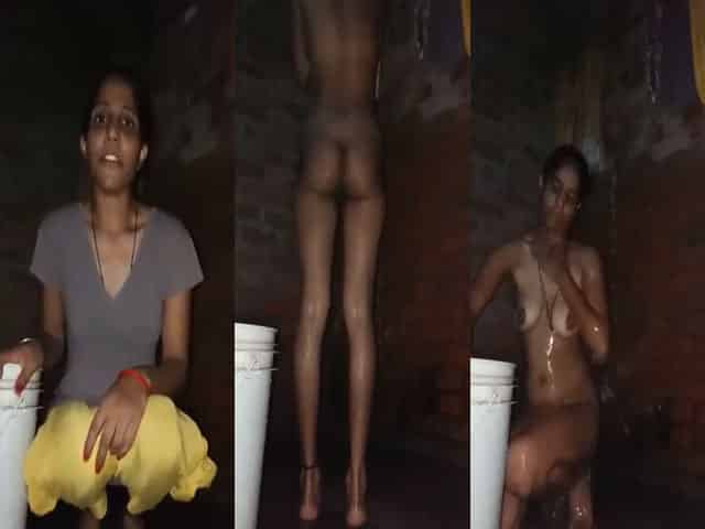 Tall Indian village girl nude bath show on selfie cam