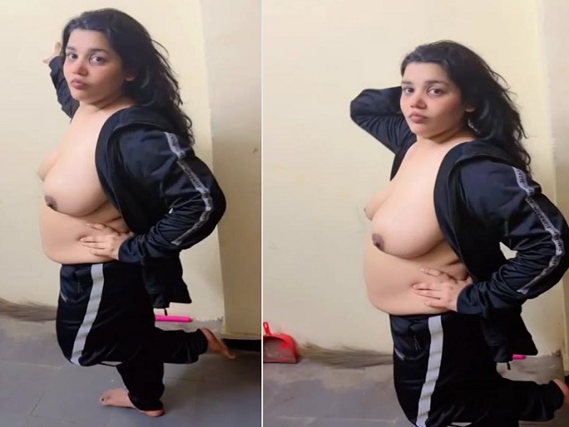 Tanker wife boob show in open jacket in front of husband