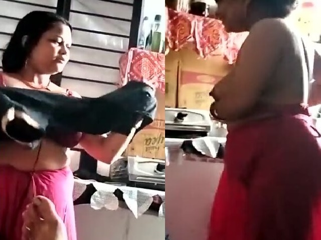 Wife boob show with bra wearing in front of husband