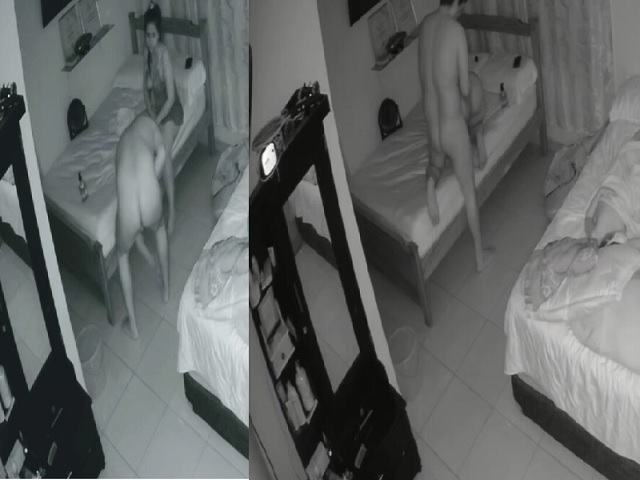 Daring couple fucks at night caught on CCTV with son sleeps